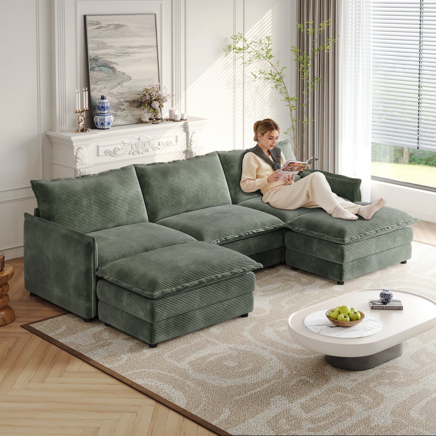 NestEdge ‘CloudNest” U-Shape Sofa – Corduroy 3-Seater | Deep Seat + 2 Ottomans + 3 Cushions