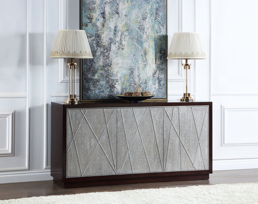 Gerano Luxe Console – Silver & Walnut Cabinet with Metallic Accents