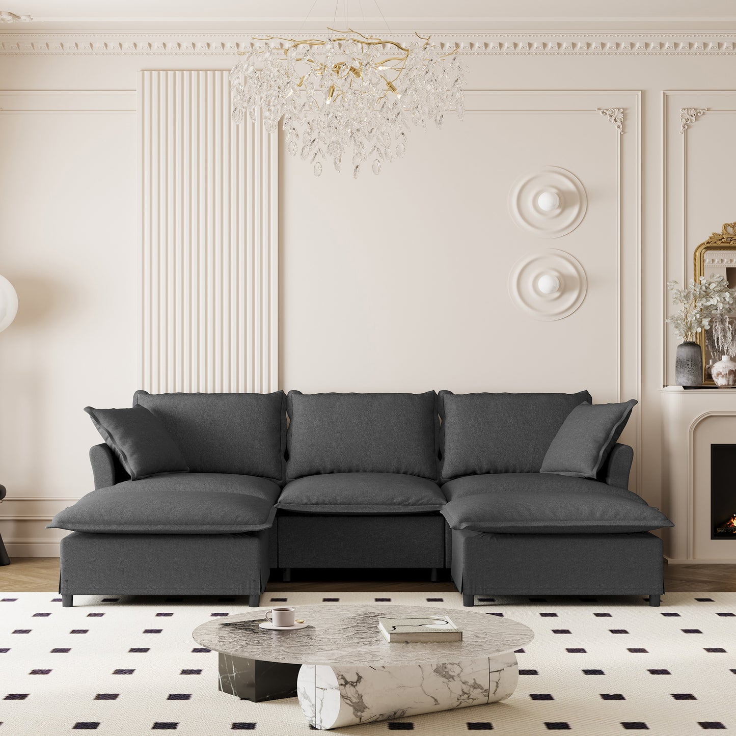 5-Seat Modular Lounge – Plush U-Shaped Sofa with Relax Ottoman & Accent Cushions