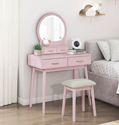 Rosette Bloom Set – Pink Vanity Desk with Mirror & Storage Drawers, Includes Matching Stool