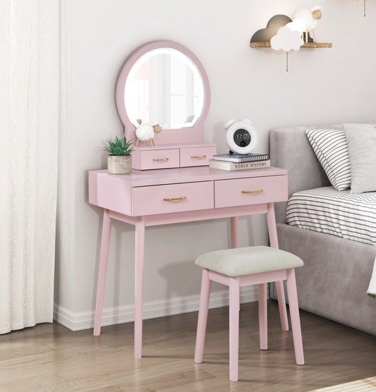 Rosette Bloom Set – Pink Vanity Desk with Mirror & Storage Drawers, Includes Matching Stool