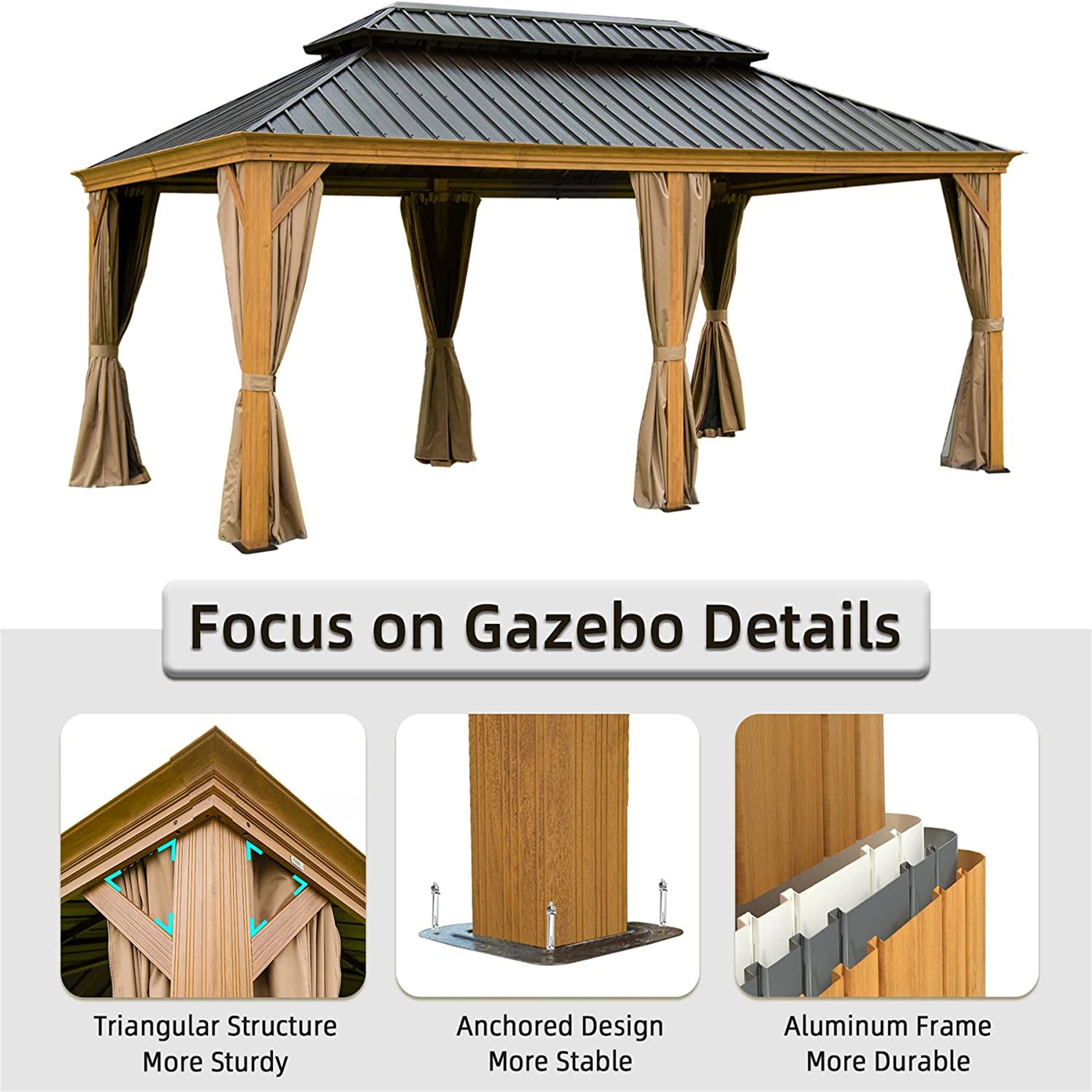 Aurelia 12x18' Hardtop Gazebo – Wood - Look Aluminum Frame with Steel Roof & Curtains - JUSTLIVE NESTJUSTLIVE NEST
