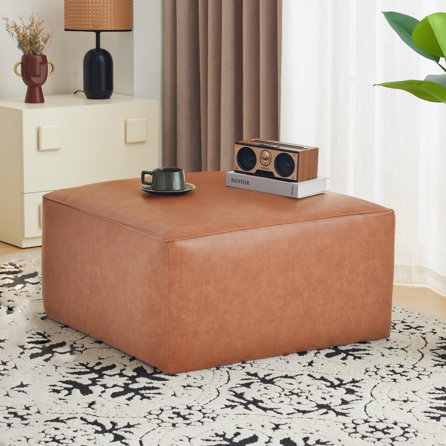 Tanfiel Ottoman – Fauxhide Surface, CubeNest Form