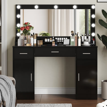Vionix Wide Luxe – 47.2" Black Vanity Table with Large Mirror, 3-Color Lighting & 5-Compartment Storage