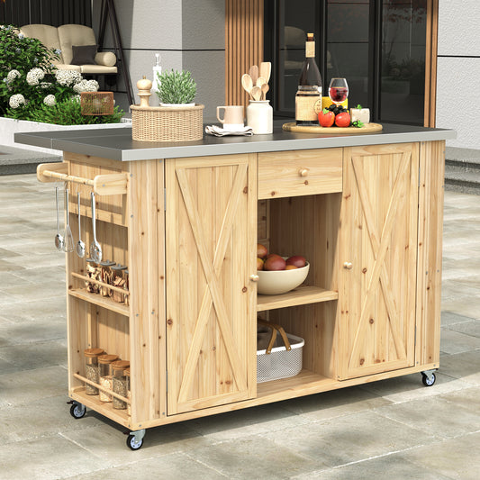 Grillan Fir Island – Patio Kitchen Cart with Stainless Top & Wood Cabinet (Natural Finish)