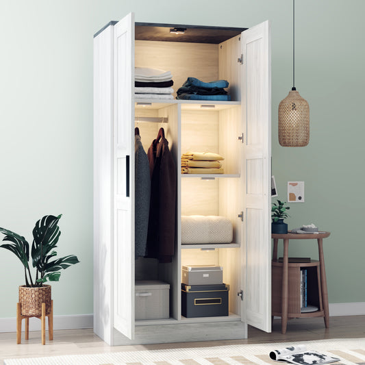 Lunara LED Armoire – Grey 2-Door Wardrobe with Shelves & Lighted Interior