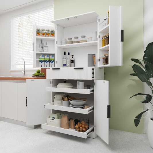 Norwin Pantry Cabinet – 72'' White Fluted Storage Unit with Drawers and 6-Door Shelves