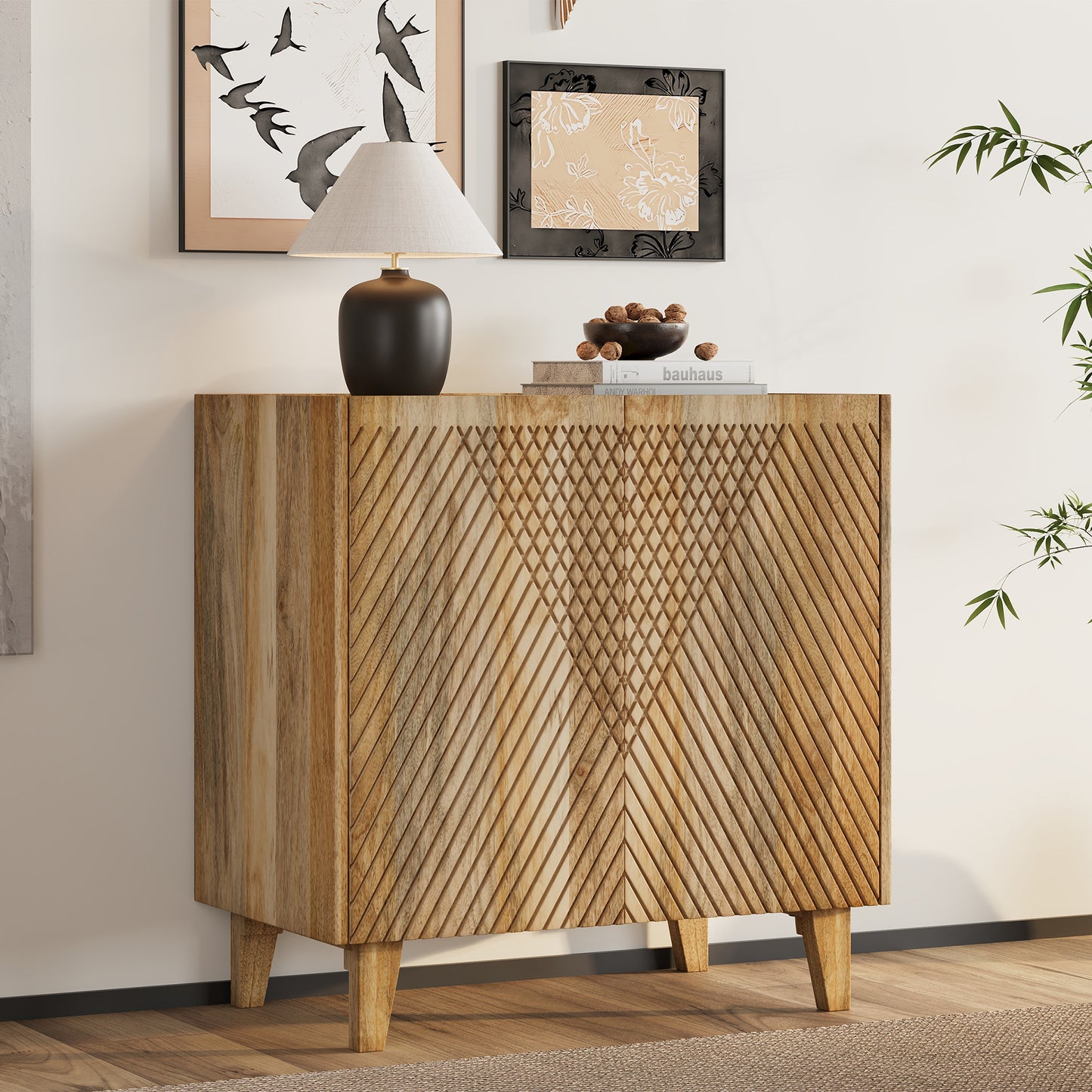 Mavira Accent Cabinet – Natural Mango Wood with Fluted Front & Shelf