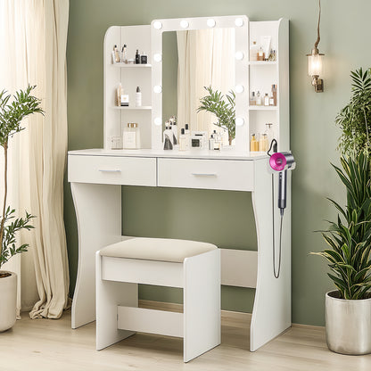 Elysian Vanity Luxe – White Makeup Desk with 3 Lighting Colors & Power Features