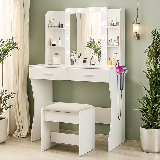 Elysian Vanity Luxe – White Makeup Desk with 3 Lighting Colors & Power Features
