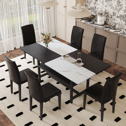 Duowood 7‑Piece Dining Set – Split-Tone Storage Table with 6 Black PU Chairs