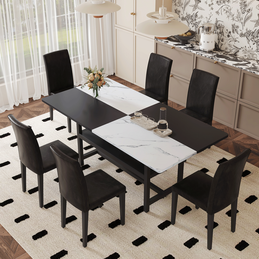 Duowood 7‑Piece Dining Set – Split-Tone Storage Table with 6 Black PU Chairs