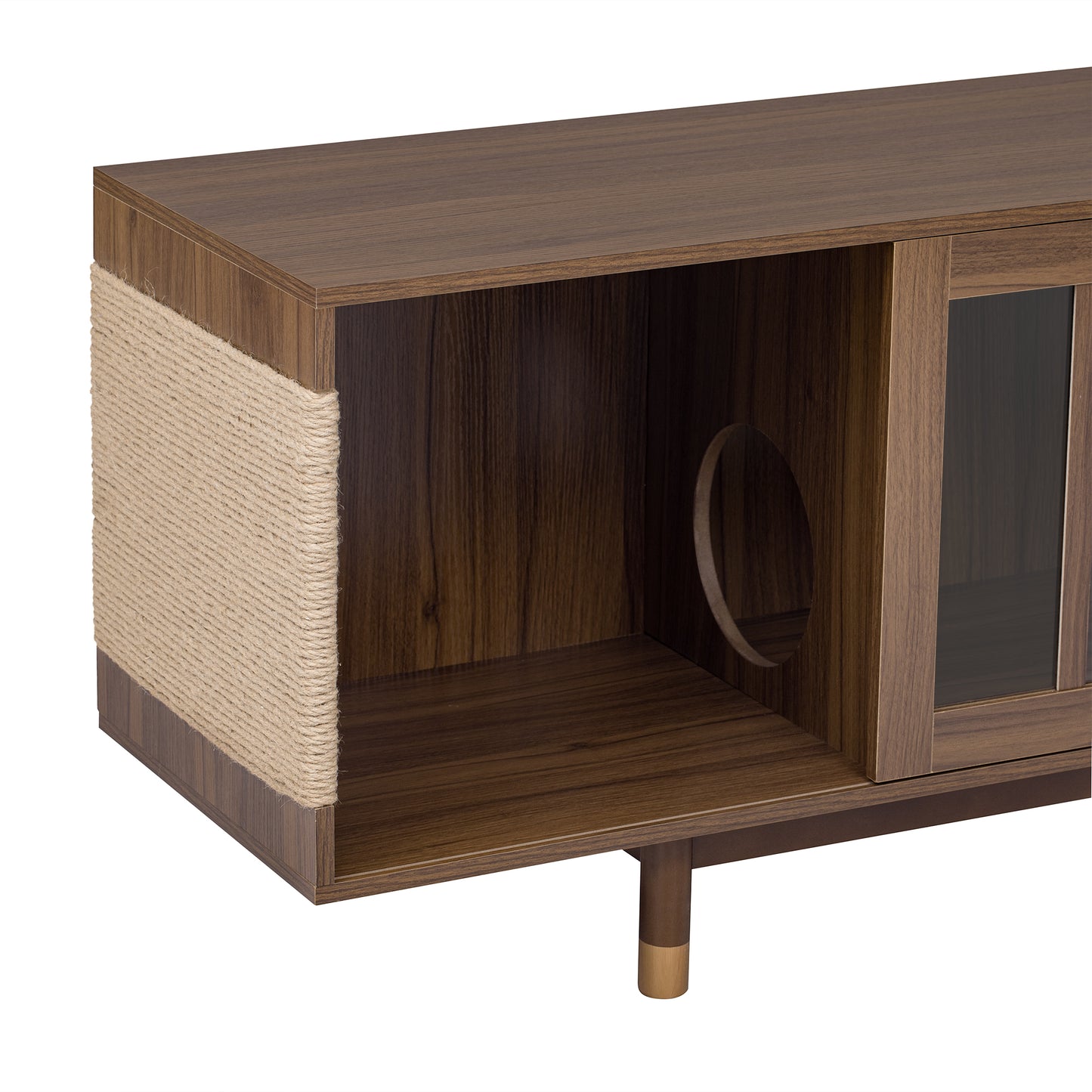 Vero Mid - Century TV Console – Walnut Pet - Friendly Stand with Flip - Down Sliding Door & Cat House - JUSTLIVE NESTJUSTLIVE NEST
