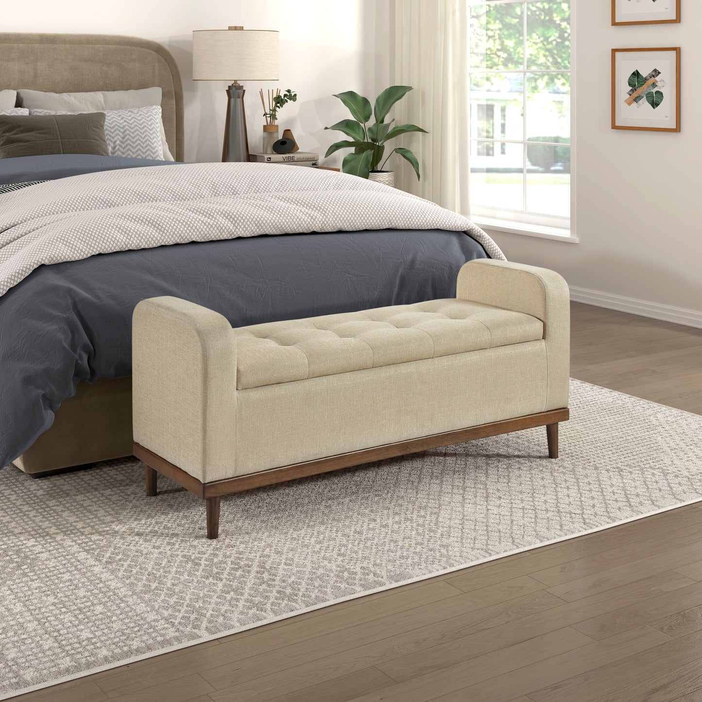 Lenmoor Mid‑Century Storage Bench – Tufted Light Brown Seat, Solid Walnut Base