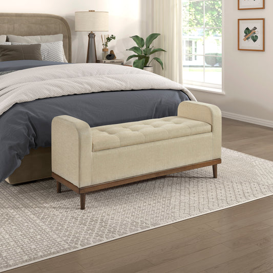 Lenmoor Mid‑Century Storage Bench – Tufted Light Brown Seat, Solid Walnut Base